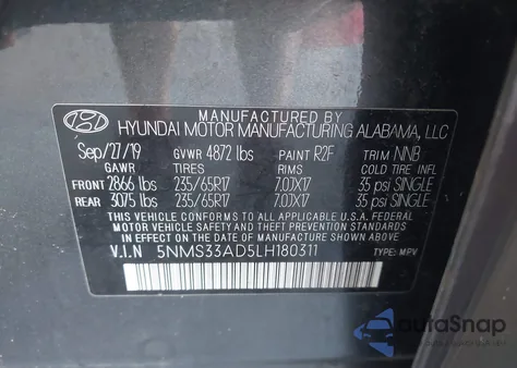 2020 Hyundai Santa Fe Sel z USA, uszkodzony, nr VIN 5NMS33AD5LH180311
